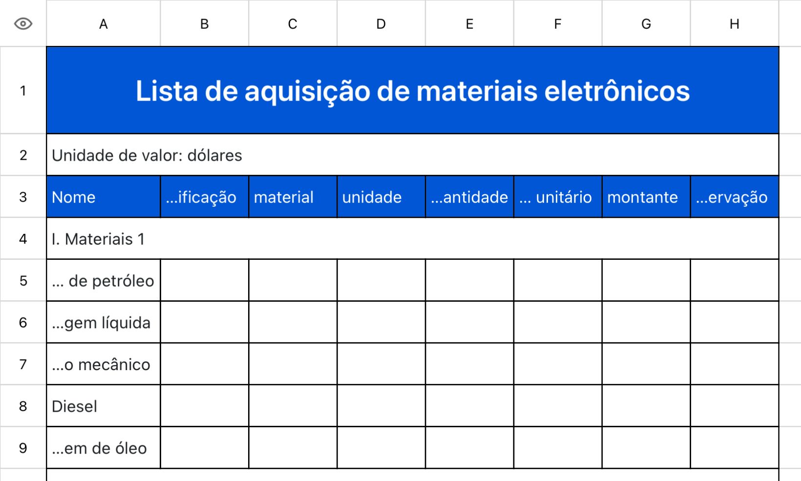 Lista de aquisição de materiais eletrônicos